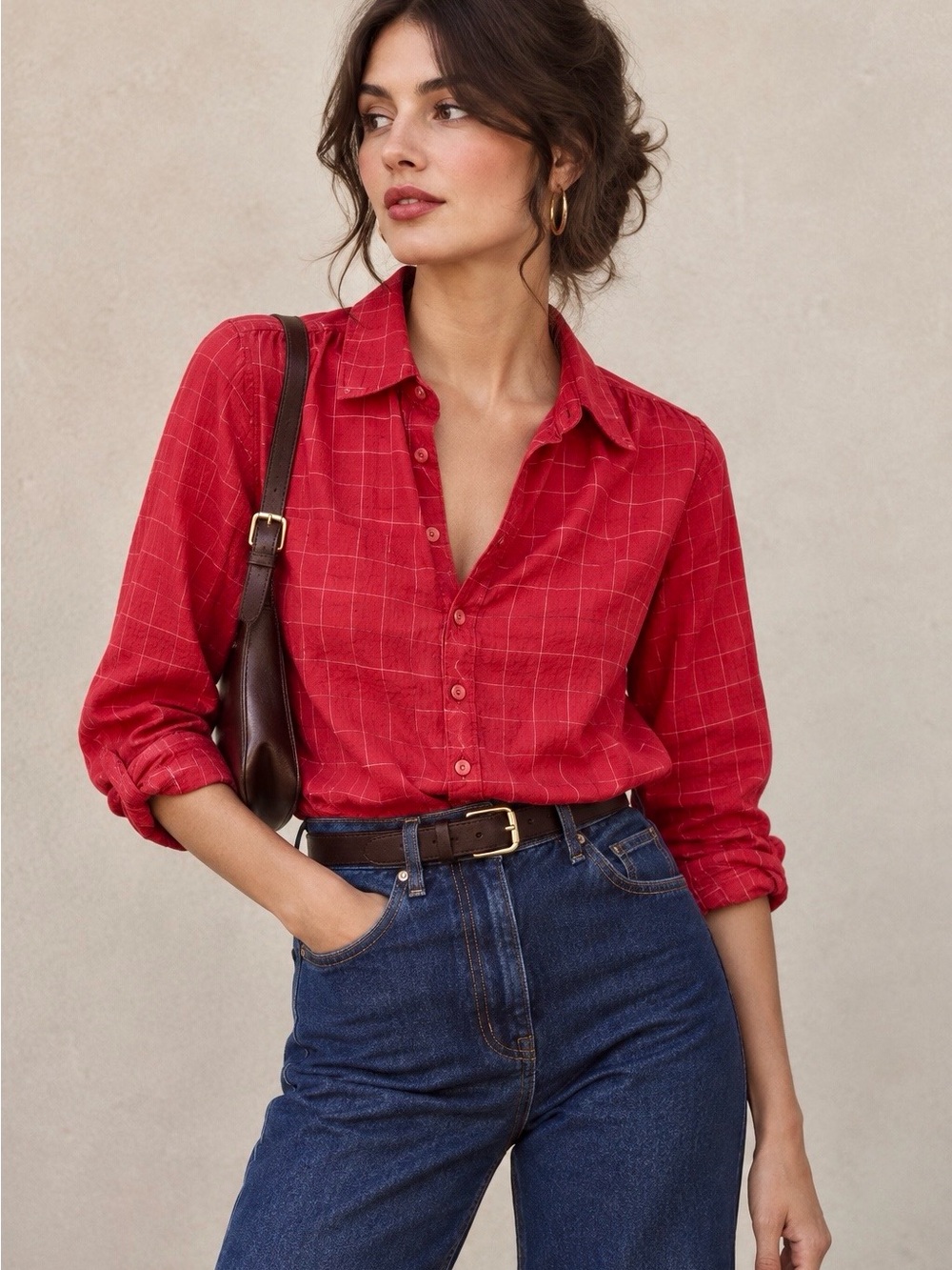 Vintage Sweet Baby Jane Red Button-Down Shirt with Signature Peter Pan Collar